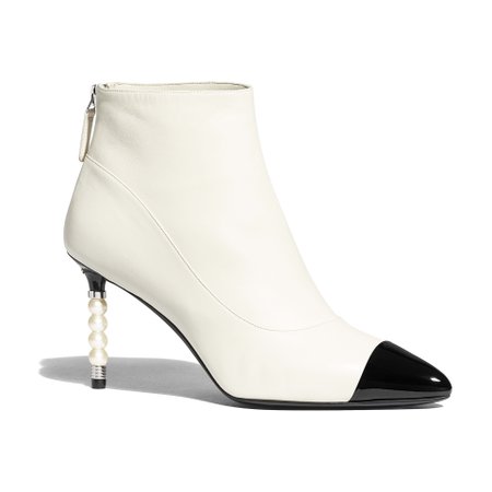 Lambskin & Patent Calfskin Ivory & Black Ankle Boots | CHANEL