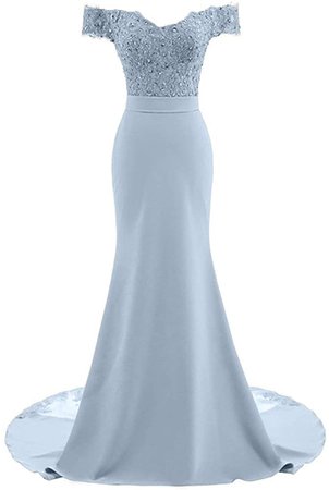 PearlBridal Women's Off Shoulder Appliques Mermaid Evening Gowns Beaded Lace Prom Dresses Long Baby Blue Size 0 at Amazon Women’s Clothing store