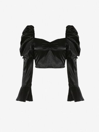 [32% OFF] 2022 Bell Sleeve Ruched Satin Crop Blouse In BLACK | ZAFUL