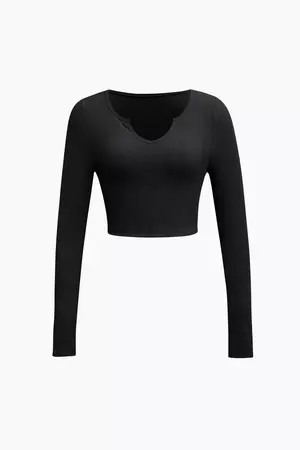 Notch Detail Ribbed Long Sleeve Top – Micas