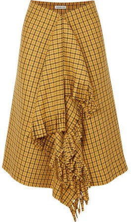 Fringed Checked Tweed Midi Skirt - Yellow