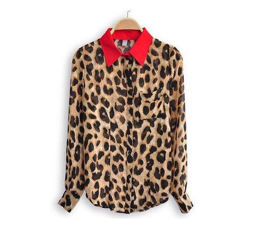 *free Ship* Color Block Leopard Red Collar Blouse on Luulla