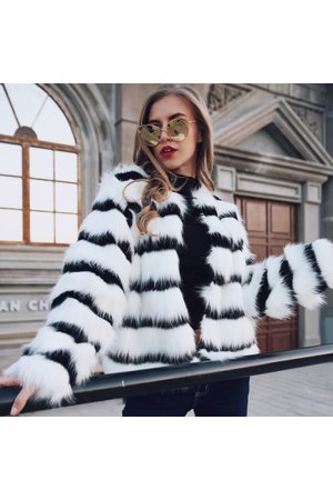 Female Fashionable Black & White Striped Print Faux-Fur Coat Short Jacket - takeluckhome.com