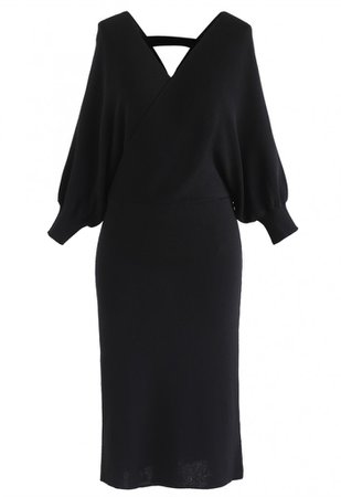 Batwing Sleeves Wrapped Knit Midi Dress in Black - NEW ARRIVALS - Retro, Indie and Unique Fashion