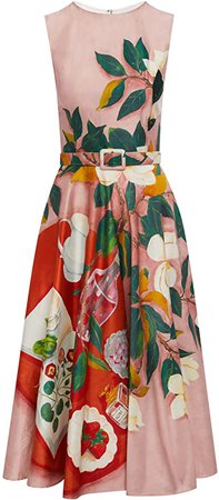 Oscar de la Renta, Painted Tablescape Mikado A-Line Dress