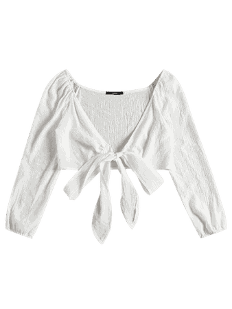 Plunging Neck Tied Bowknot Crop Blouse In WHITE