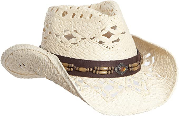 Vamuss Straw Cowboy Hat W/Vegan Leather Band & Beads, Shapeable Brim (Orange) at Amazon Women’s Clothing store