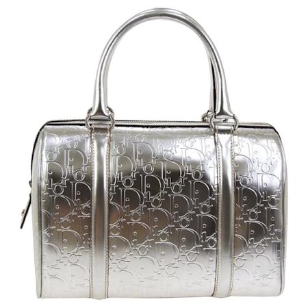 Christian Dior "Dior" Logo Silver Leather Top Handle Satchel Speedy Bag For Sale at 1stdibs
