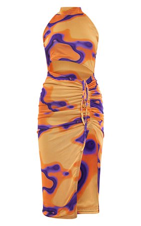 Orange Tie Dye Print High Neck Cut Out Midi Dress | PrettyLittleThing USA