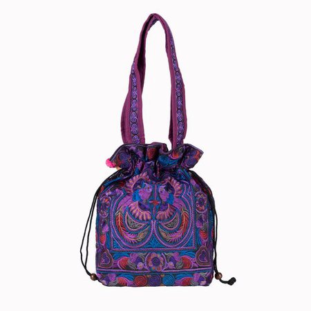 Purple Bird Drawstring Tote Bag for Women, Fair Trade Embroidered Beach Tote Bag, Ethnic Tote Bag