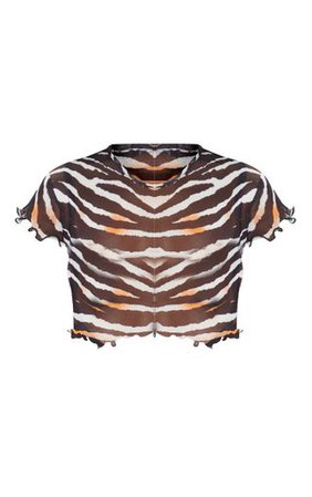 Neon Orange Zebra Print Mesh Short Sleeve Crop Top | PrettyLittleThing