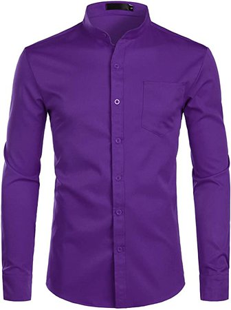 ZEROYAA Men's Banded Collar Slim Fit Long Sleeve Casual Button Down Dress Shirts with Pocket ZLCL09 Purple Large at Amazon Men’s Clothing store