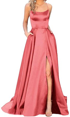 JASY Women's Spaghetti Satin Long Red Side Slit Prom Dresses with Pockets at Amazon Women’s Clothing store
