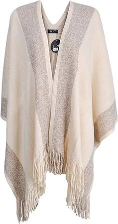 ZLYC Women's Shawl Golden Trim Knit Blanket Wrap Fringe Poncho Coat Cardigan (Khaki) at Amazon Women’s Clothing store