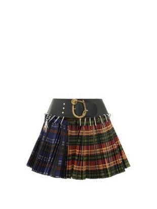 Pleated tartan-check wool-blend mini skirt