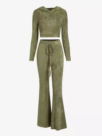 ZAFUL Women's Daily Matching Co Ord Two Piece Set Terry Cloth Solid Color Crop Pullover Hoodie With High Elastic Waisted Bowknot Pull On Flared Pants Set In LIGHT GREEN | ZAFUL 2024