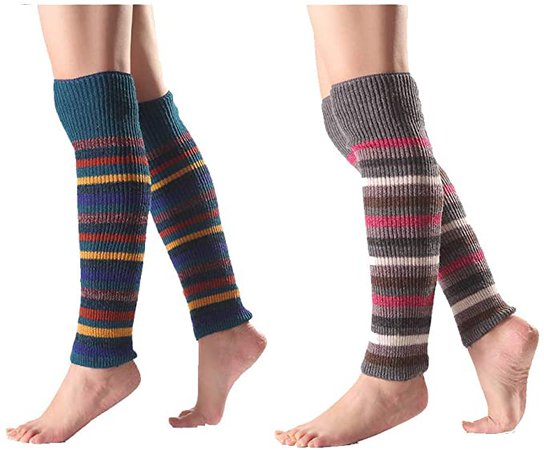 VIGVOG Women Boho Knitted Boot Gaiters Long Leg Warmer (One size, Blue & Dark grey) at Amazon Women’s Clothing store