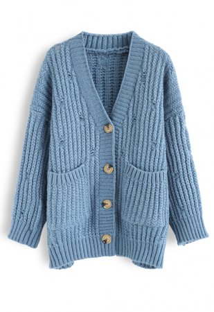 Pockets Front Buttoned Knit Cardigan in Blue - NEW ARRIVALS - Retro, Indie and Unique Fashion