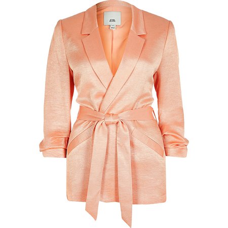 Coral ruched sleeve tie belted blazer | River Island