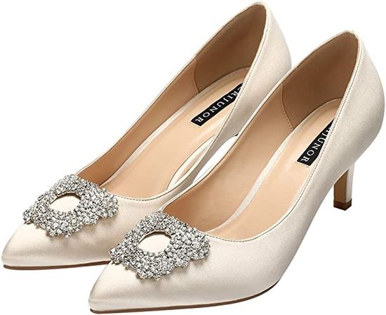 Amazon.com | ERIJUNOR Women's Pumps Low Heel Rhinestone Brooch Satin Evening Dress Wedding Shoes | Pumps