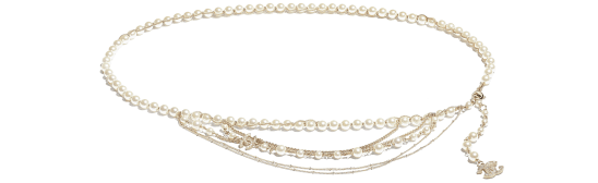 Belt, metal, glass pearls, glass, strass & resin, gold, pearly white & crystal - CHANEL