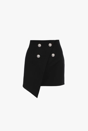 Asymmetrical Black Wool Wraparound Skirt With Silver Tone Buttons for Women - Balmain.com