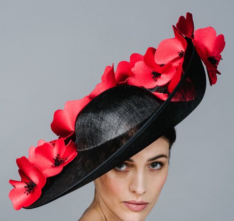 black fascinator hat with red flowers