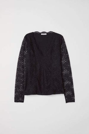 Long-sleeved Lace Top - Black