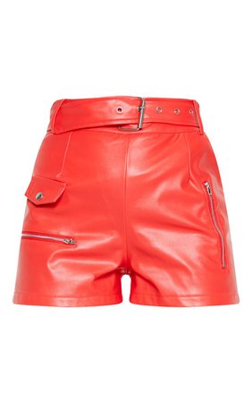 Red Faux Leather Biker Short | Shorts | PrettyLittleThing