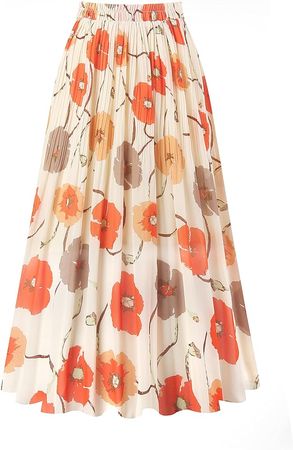 Amazon.com: Kingfancy Women's Pleated Skirt Chiffon Elastic Waist A-Line Midi Length Skirt Beige Flower L New : Clothing, Shoes & Jewelry