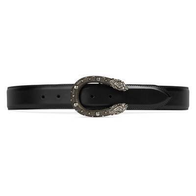 Black Leather Belt With Tiger Head Buckle | GUCCI® AU