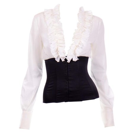 Dolce and Gabbana Sheer White Low V Ruffle Blouse w Black Corset Waist New w Tags For Sale at 1stDibs