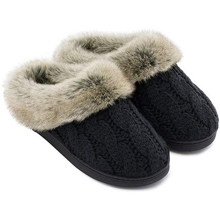 Amazon.com | Women's Soft Yarn Cable Knitted Slippers Memory Foam Anti-Skid Sole House Shoes w/Faux Fur Collar, Indoor & Outdoor | Slippers