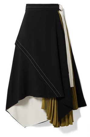 Draped Pleated Wrap-effect Crepe Midi Skirt - Black