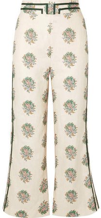 Verity Cropped Grosgrain-trimmed Floral-print Linen Flared Pants - Cream