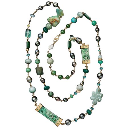 Presentation Necklace Jaidete, Jade, Tahitian Pearl and Multi Gems 18 Karat Gold For Sale at 1stDibs