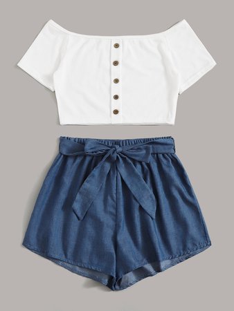 Ribbed Button Front Off Shoulder Top With Belted Shorts | ROMWE