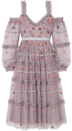 Celeste Cold-shoulder Embroidered Tulle Midi Dress - Lilac