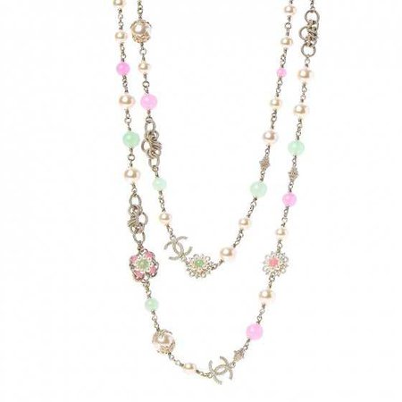 CHANEL Pearl Beaded CC Long Necklace Pink Green 257970