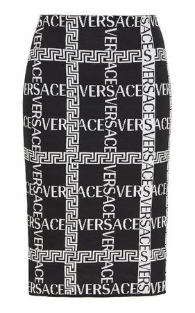 Versace Logo-Print Cotton-Blend Mini Pencil Skirt Size: 44
