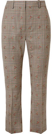 Embroidered Checked Wool-blend Straight-leg Pants - Beige