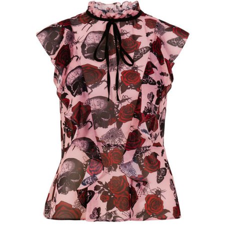 Hell Bunny Sullen Pink Skull Rose Floral Gothic Goth Tattoo Chiffon Blouse Top | eBay