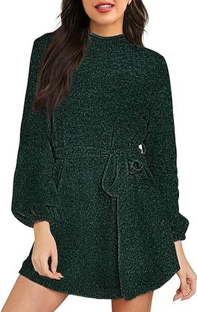 HAPCOPE Women's 2023 Fall Winter Elegant Chenille Sweater Dress Mock Neck Long Sleeve Short Dresses with Belt at Amazon Women’s Clothing store
