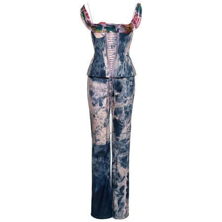 John Galliano tie dye pink and blue denim corset and pants set, ss 2003 For Sale at 1stDibs