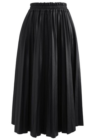 Faux Leather Pleated A-Line Midi Skirt in Black - Retro, Indie and Unique Fashion