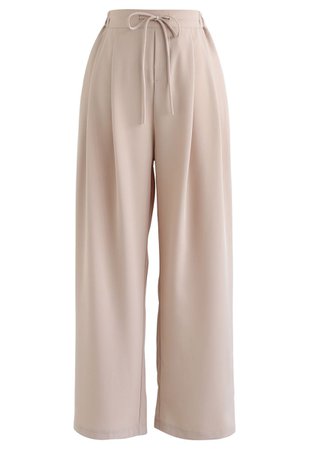 Drawstring High-Waisted Wide-Leg Pants in Sand - Retro, Indie and Unique Fashion