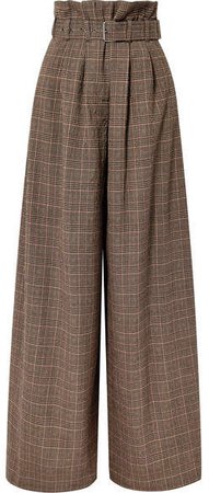 Belted Checked Wool-blend Wide-leg Pants - Brown