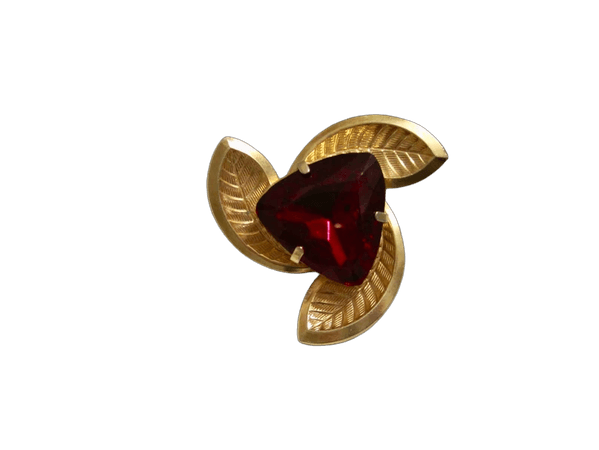 Vintage Gold Vermeil over Brass Pinwheel Leaves Brooch with Red Ruby Glass Cabochon.