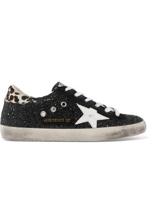 Golden Goose Deluxe Brand | Superstar calf hair-trimmed distressed glittered leather sneakers | NET-A-PORTER.COM