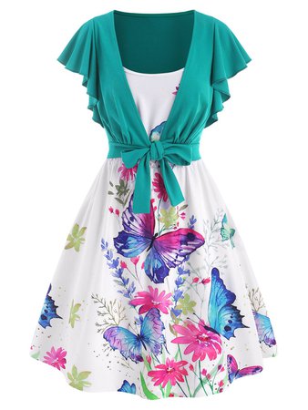[37% OFF] 2021 Flower Butterfly Print Cami Dress With Tie Front T Shirt In Multicolor | DressLily
